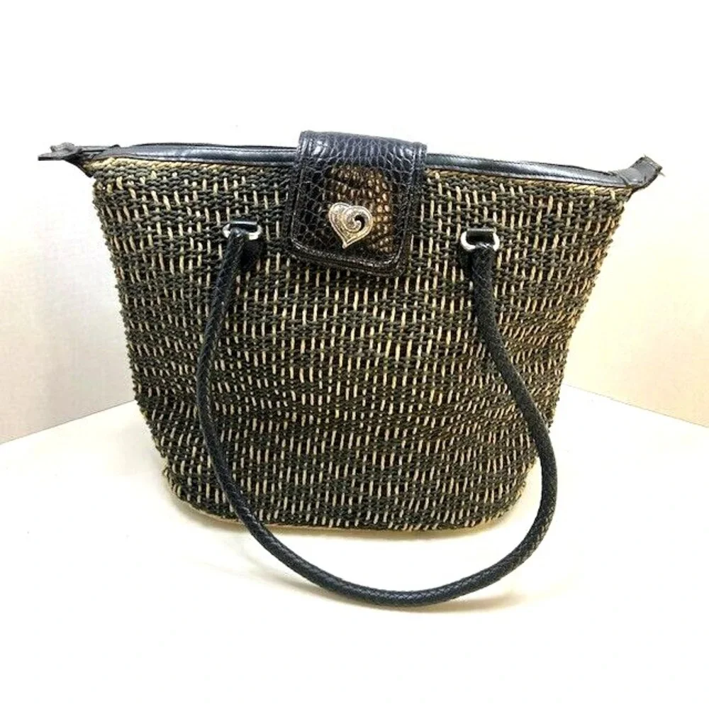 Brighton Women's Woven Black Leather Braided Strap Charm Straw Handbag Purse 14